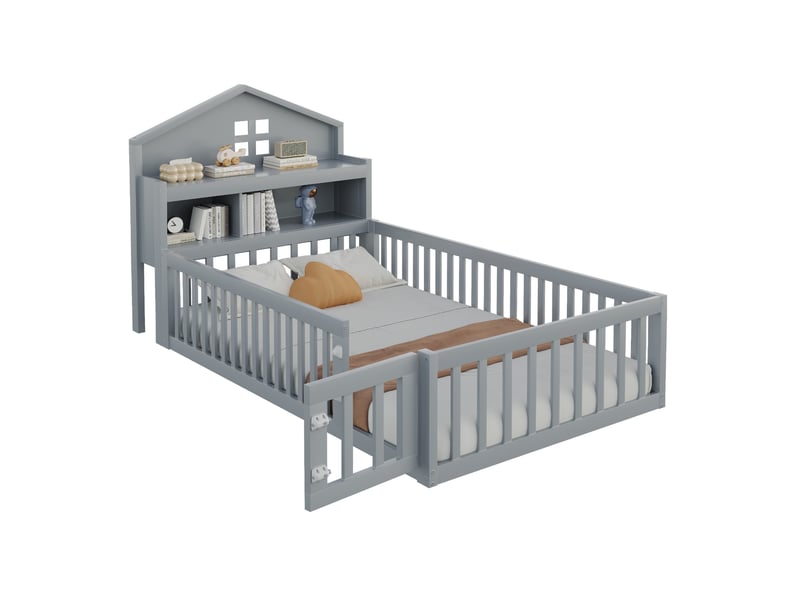  Lit enfant 90 x 200 cm en bois gris avec rangements, barrière, porte et sommier à lattes  - Conforama A