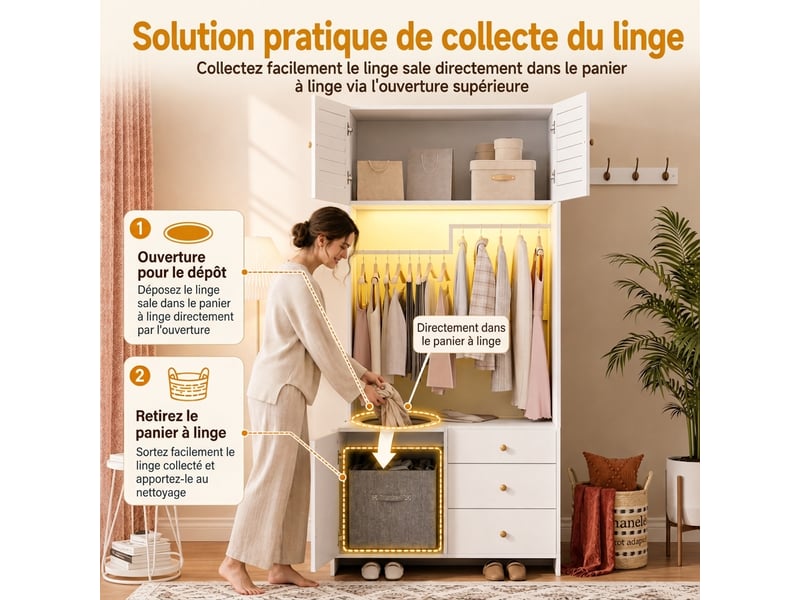Armoire 6 portes blanche en mdf avec 5 tiroirs et 2 penderies 180x200 cm - Conforama C