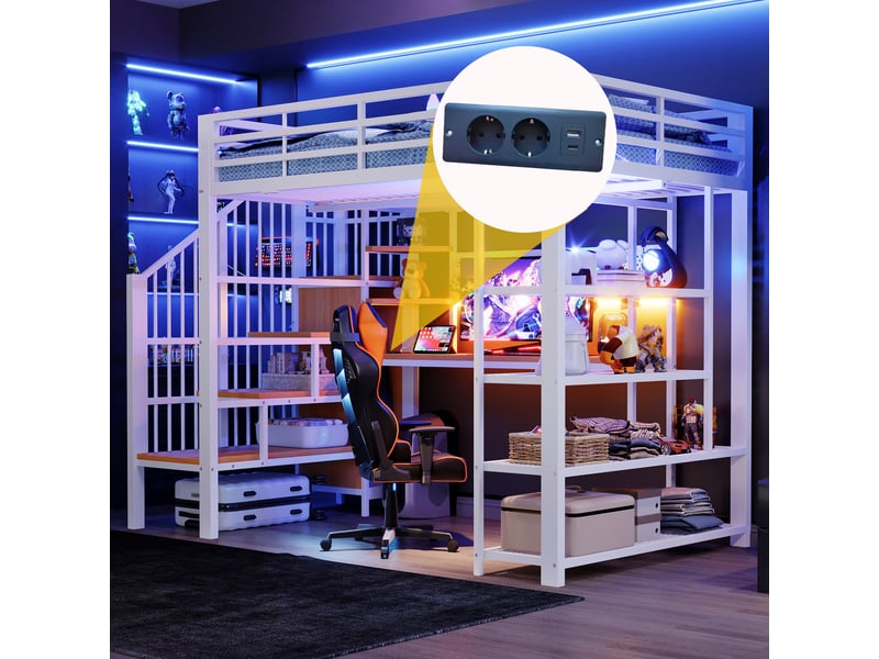  Lit mezzanine 140x200 cm, lit enfant, bureau, panneau perforé, étagères, barrière antichute, led, bois et métal blanc  - Conforama E