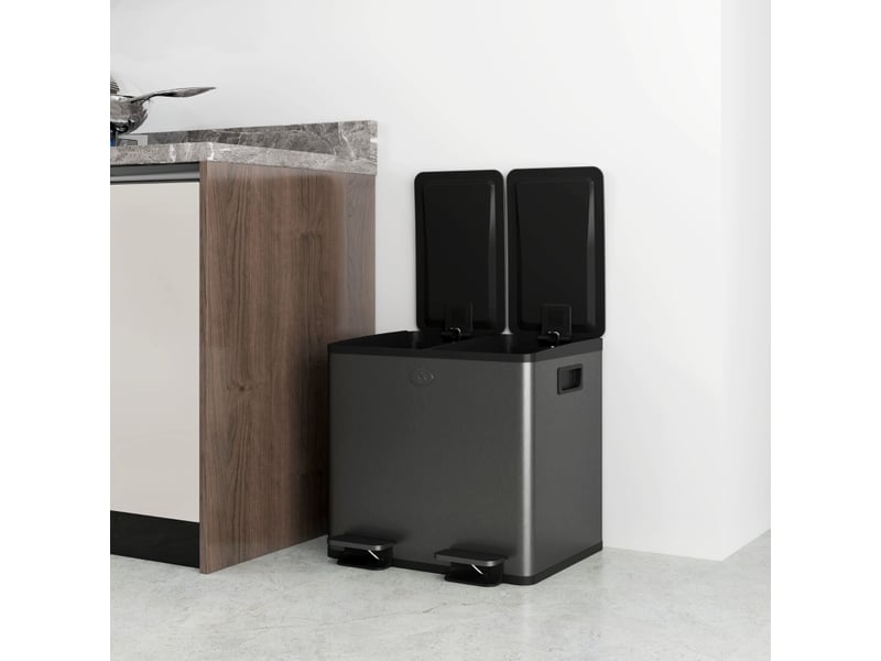  Poubelle double 2 x 15 l à pédale, fermeture douce, métal, noir  - Conforama C