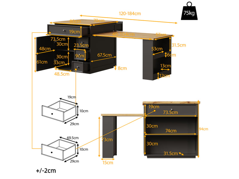  Îlot de cuisine extensible 120 à 184 cm sur roulettes avec 5 tiroirs, noir  - Conforama E