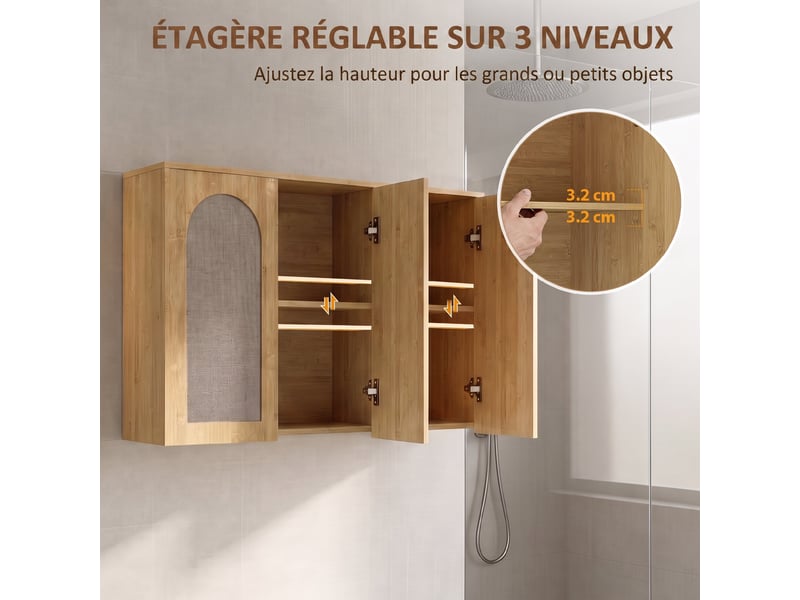 Armoire murale de salle de bain bohème avec 3 portes effet rotin à fermeture douce et étagère réglable, chêne - Conforama R