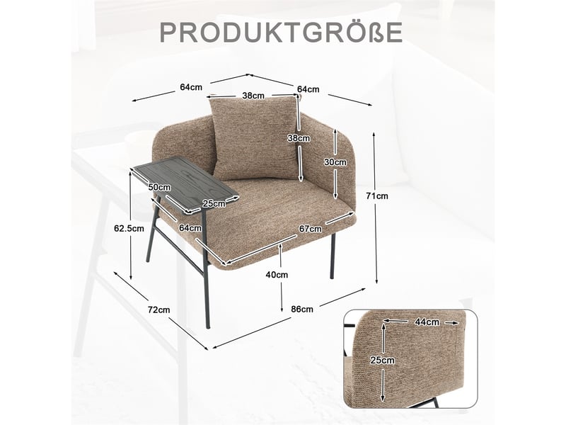  Fauteuil de salon moderne avec table d'appoint - 86x72x71cm - design avec poches de rangement et cadre métal - khaki  - Conforama E
