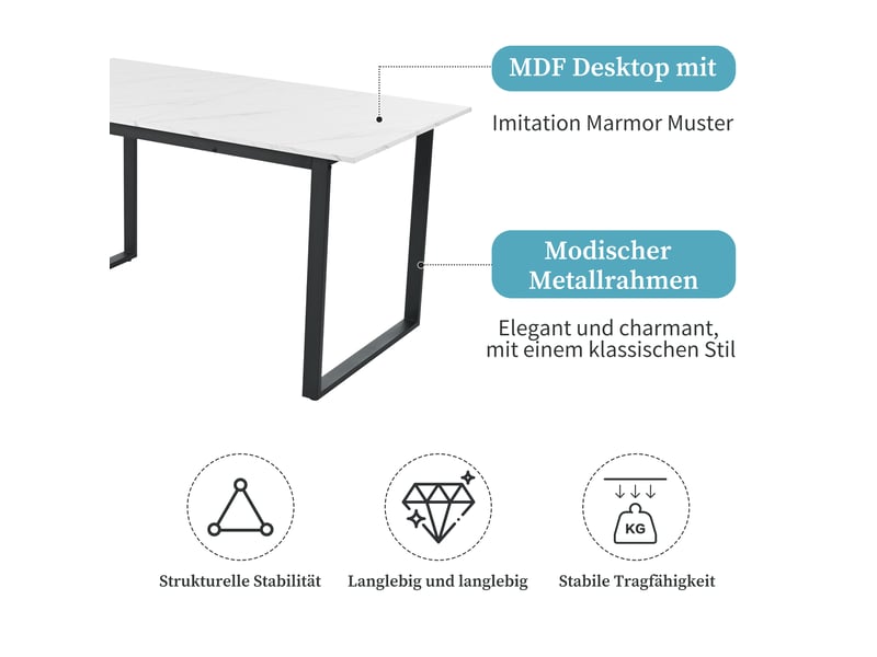  Ensemble table à manger avec 8 chaises, table extensible de 140 à 180 cm, plateau mdf blanc et sièges en velours gris  - Conforama E