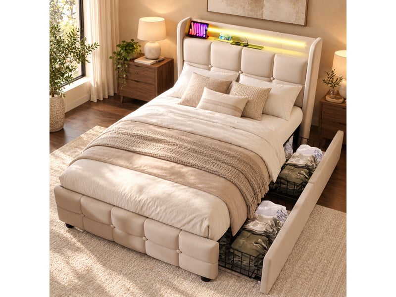  Lit simple rembourré 90 x 200 cm, tête de lit led, 2 usb + 2 prises, 2 tiroirs, sommier à lattes, matelas h3 inclus, beige  - Conforama B