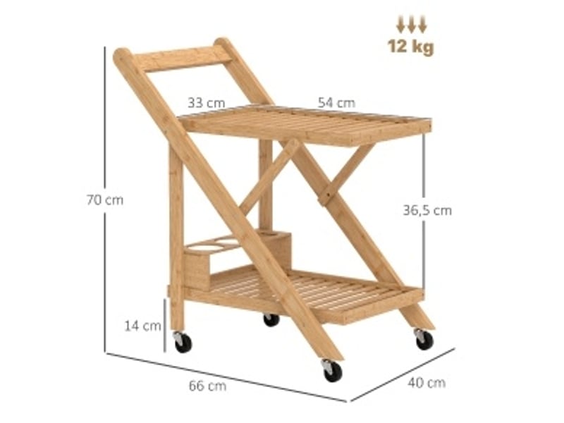  Servierwagen avec régale à vin, plan de travail, 2 niveaux, chariot de service pour bureau, cuisine, salon, 66 x 40 x 70 cm, bambou, naturel  - Conforama C