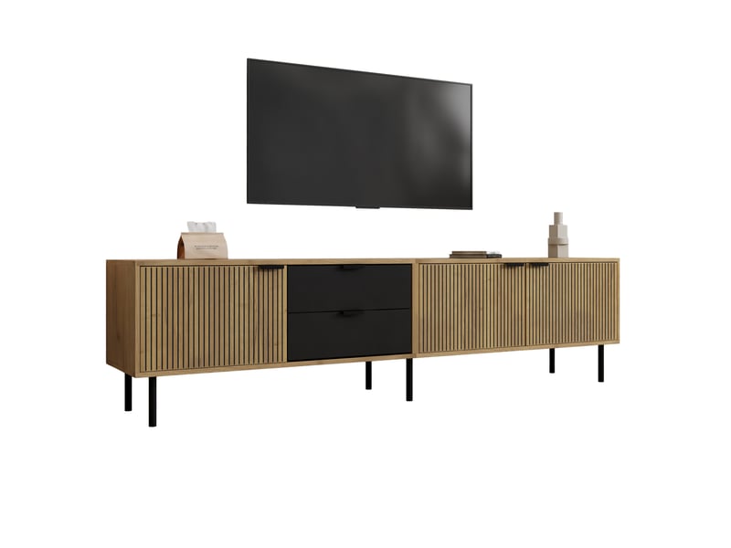  Meuble tv 208x40x48 cm - meuble bas avec 3 tiroirs, gestion des câbles, pour tv jusqu’à 85 pouces, panneau de particules - noir et naturel  - Conforama A