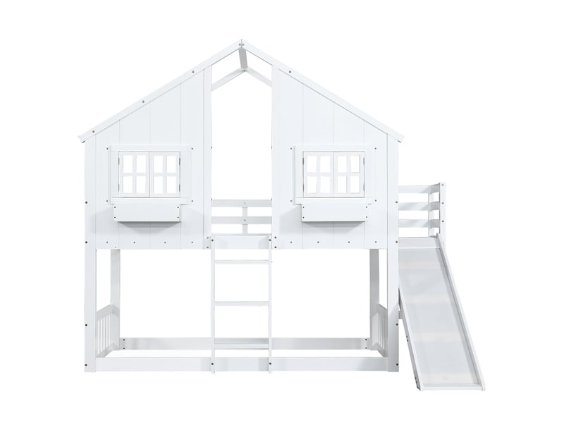  Lit superposé enfant avec toboggan, toit, fenêtre, échelle et barrière de sécurité, 90x200cm, blanc et naturel  - Conforama A