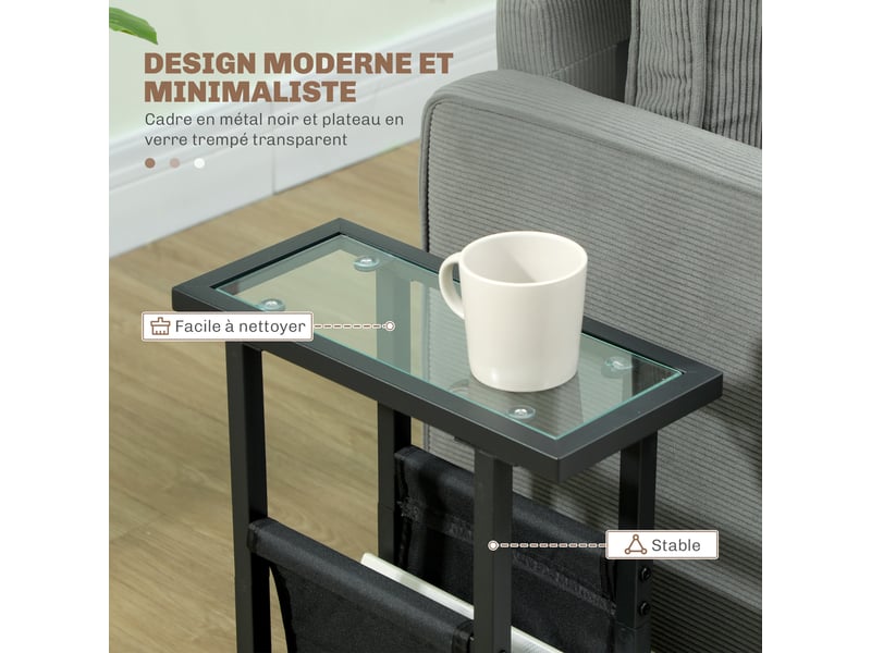  Table d'appoint étroite, bout de canapé en métal avec porte-revues et plateau en verre trempé, noir, 40 x 18 x 55,5 cm  - Conforama R