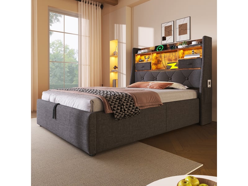  Lit coffre 90×200 cm, lit simple avec rangement et tête de lit led, lit capitonné avec ports usb et type-c, sans matelas - gris  - Conforama E