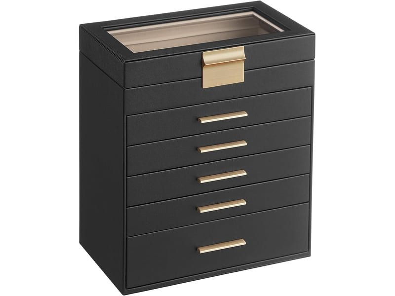 Songmics boîte à bijoux, écrin à accessoires 6 niveaux, coffre de rangement, couvercle en verre, 5 tiroirs, pour lunettes de soleil, rangement pour bijoux, moderne, noir graphite et doré 6 Niveaux - Conforama B