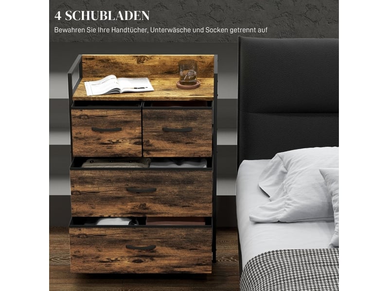 Commode avec 4 tiroirs pliables et plateau de rangement, style industriel, pour salon, marron rustique, 60 × 29 × 85 cm - Conforama D