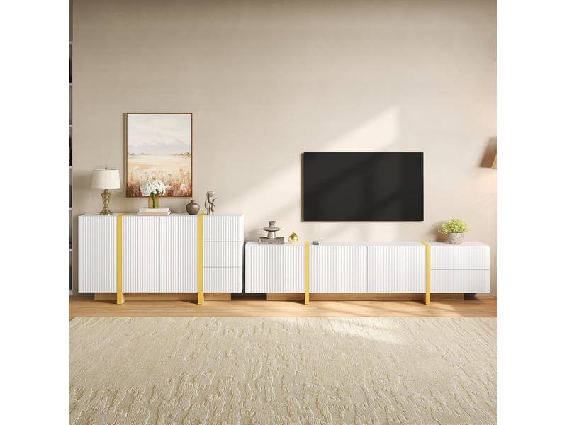  Ensemble meuble tv et buffet tcqpz blanc à façades rainurées 190 x 35 x 45 cm et 140 x 36 x 75 cm mdf et panneaux de particules  - Conforama B