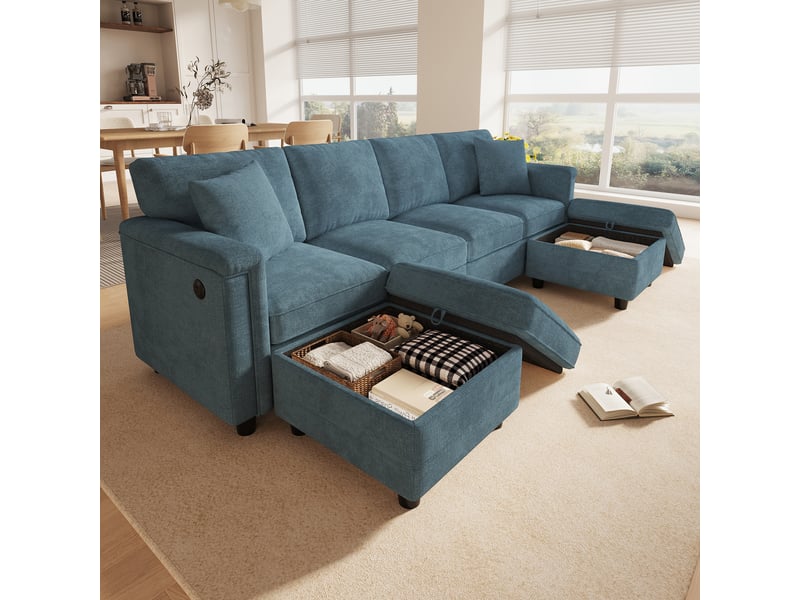 Canapé modulable 4 places 261 x 134 x 82 cm, convertible en lu, 2 poufs coffre, 2 coussins décoratifs, multifonction, chenille, bleu OMNIGLINT TRADING LTD - Conforama C