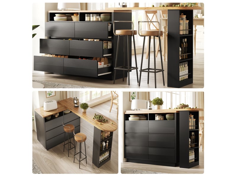  Îlot de cuisine extensible modenvie 137 à 215 x 39 x 102,3 cm avec 6 tiroirs mdf noir  - Conforama D