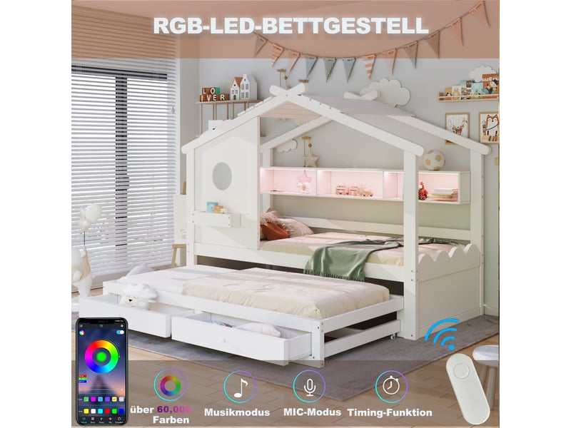 Lit cabane, lit 2 places avec 2 tiroirs, usb, type-c, led et rangement 90×200 cm et 90×190 cm, sans matelas - Conforama B