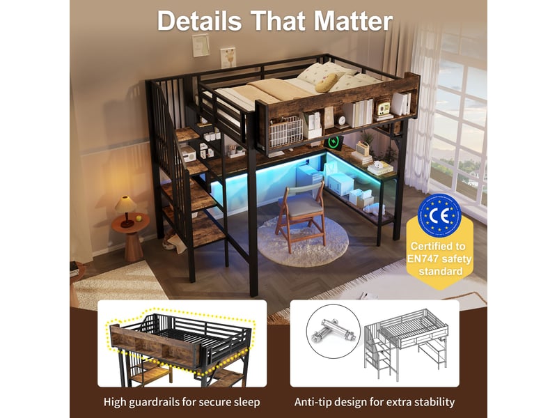  Lit mezzanine noir et bois vintage 140x200cm avec rangement, eclairage led &amp; porte usb, confort durable - fer et mdf - pour enfant ado  - Conforama D