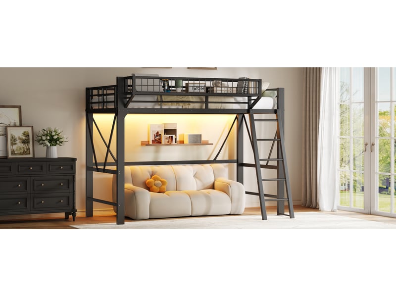  Lit mezzanine enfant simple 90×200 cm, led 7 couleurs et panier de rangement - okmyhome- noir, sans matelas  - Conforama E
