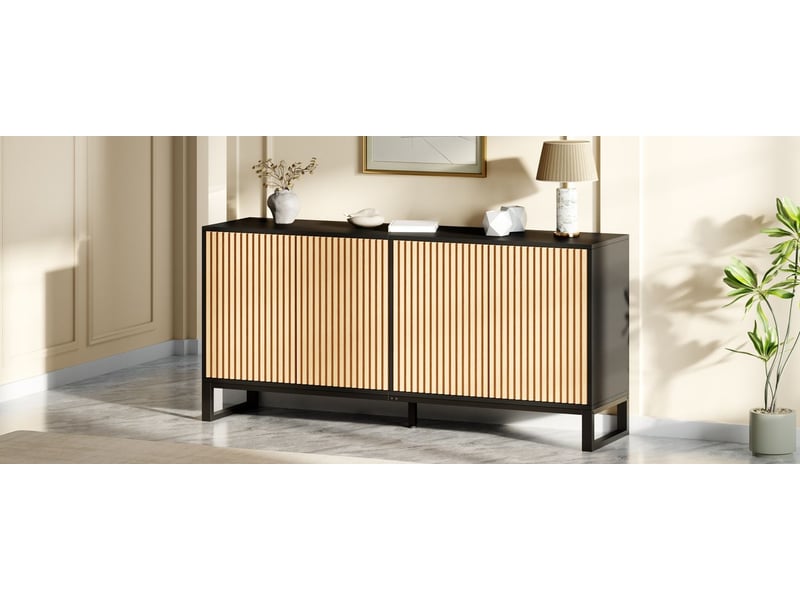  Buffet 4 portes battantes bahut espace de rangement étagères réglables en hauteur façade rainurée verticale corps noir  - Conforama D