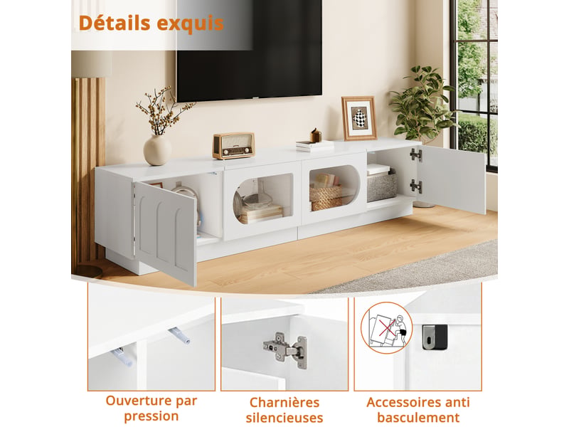  Meuble tv 200 x 40 x 42 cm blanc mdf avec portes vitrées et led via application pour salon  - Conforama D