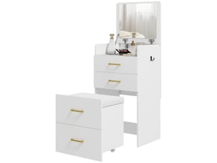 Coiffeuse 3 en 1 avec miroir, table de chevet, tabouret à roulettes et tiroirs, blanche