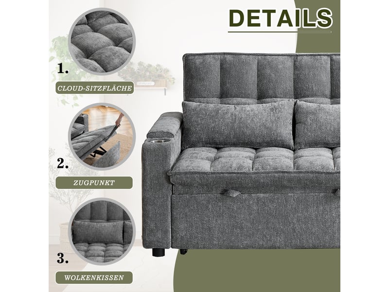  Canapé 3-en-1,142x89x89 cm,avec rangement,chenille,gris  - Conforama E