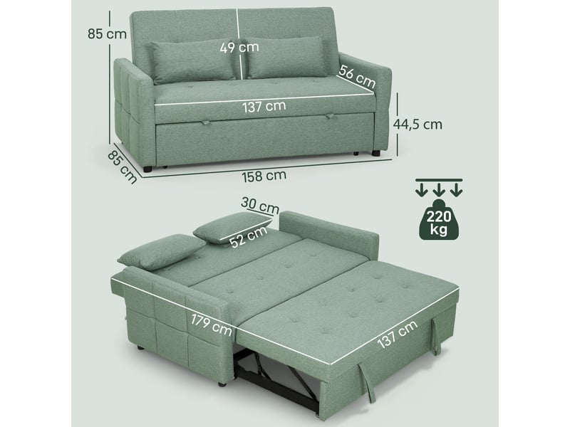  Canapé convertible 2 places 3 en 1, canapé-lit clic clac 160 cm, dossier réglable, 2 oreillers, assise large, vert  - Conforama C