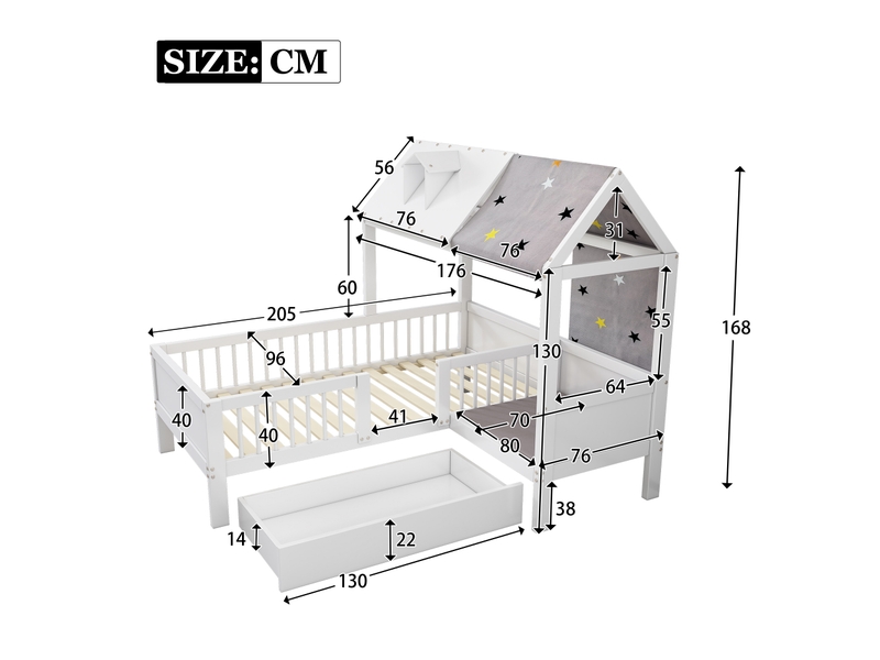  Lit cabane pour enfants en bois massif 90x200cm avec 1 tiroirs,espace de chevet et toile de tente,,en forme de maison,sans matelas,blanc lit enfant blanc - Conforama C