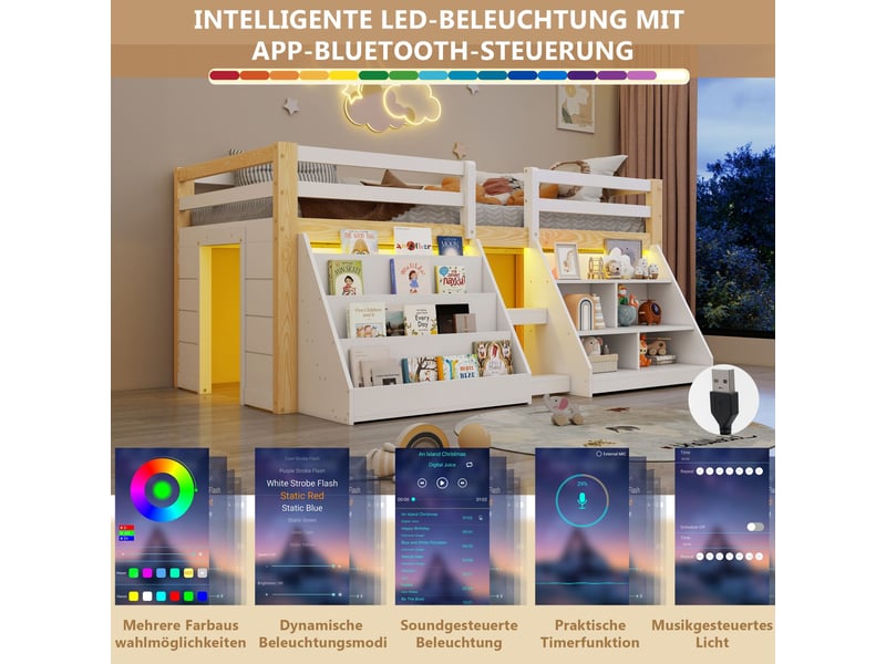  Lit mezzanine enfant mi-hauteur 90x200 cm, avec rangement, led, barrières de sécurité et échelle, bois de pin et mdf, blanc naturel  - Conforama E