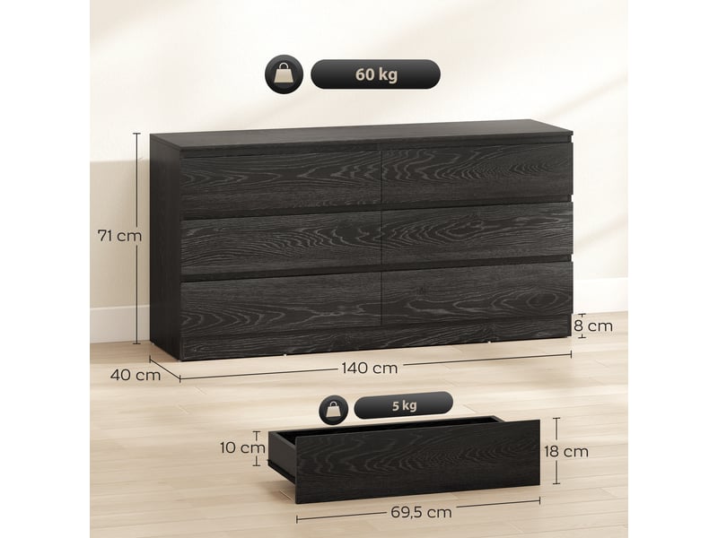  Commode à 6 tiroirs pour chambre, style moderne, pour salon ou bureau, 140 x 40 x 71 cm, aspect bois noir.  - Conforama E