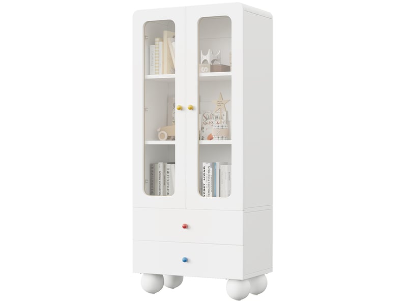  Bibliothèque vitrée 2 portes, 2 tiroirs, étagères, poignées céramique, chambre enfant, blanc, 60 × 35 × 140 cm  - Conforama B