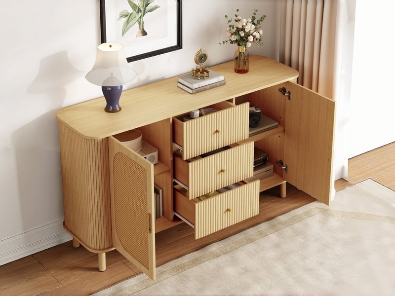  Commode 3 tiroirs et 2 portes, 140 x 40 x 80 cm, étagères et pieds en métal aspect bois, couleur naturel  - Conforama B