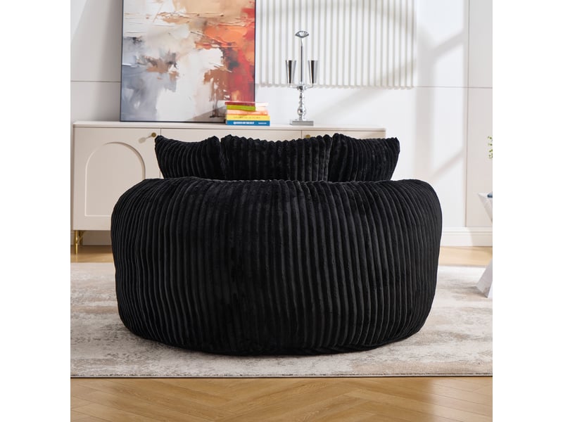  Fauteuil rond avec pouf - 168x123x63 cm - canapé lit lounge velours côtelé avec 5 coussins sans structure rigide - noir  - Conforama D