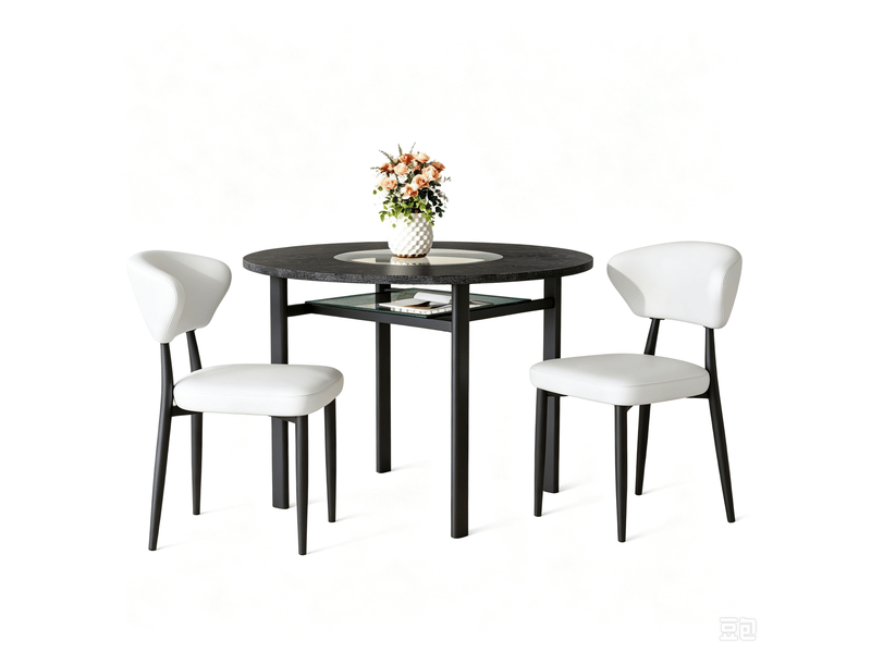  Ensemble table ronde 100x100x76 cm avec 2 chaises, insert central en verre, mdf, métal et polyuréthane (pu), noir et blanc  - Conforama A