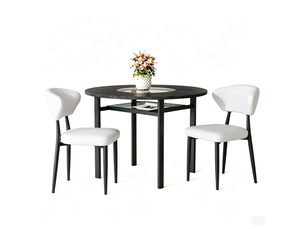 Ensemble table ronde 100x100x76 cm avec 2 chaises, insert central en verre, mdf, métal et polyuréthane (pu), noir et blanc