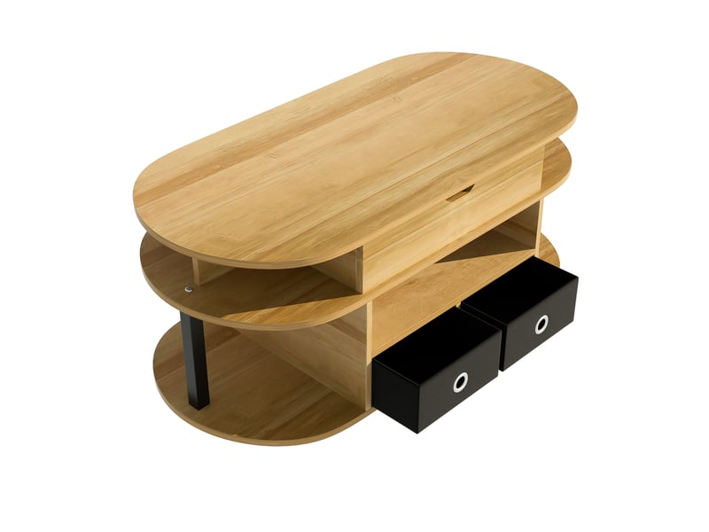  Table basse moderne avec finition imitation bois, mécanisme de levage, espace de rangement et tiroirs en tissu noir – polyvalente, élégante et pratique pour le salon et le bureau.  - Conforama D