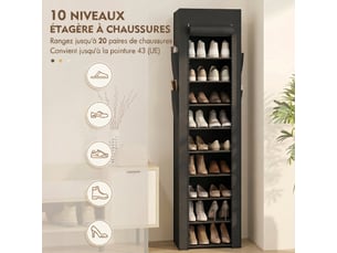 Étagère à chaussures 20 paires 10 niveaux, noir, range-chaussures en métal avec housse anti-poussière