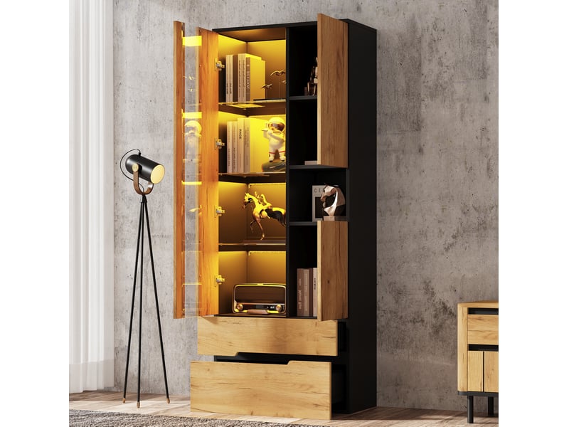  Vitrine 70x35x180 cm mdf coloris bois naturel et noir avec led, 3 portes et 2 tiroirs  - Conforama E
