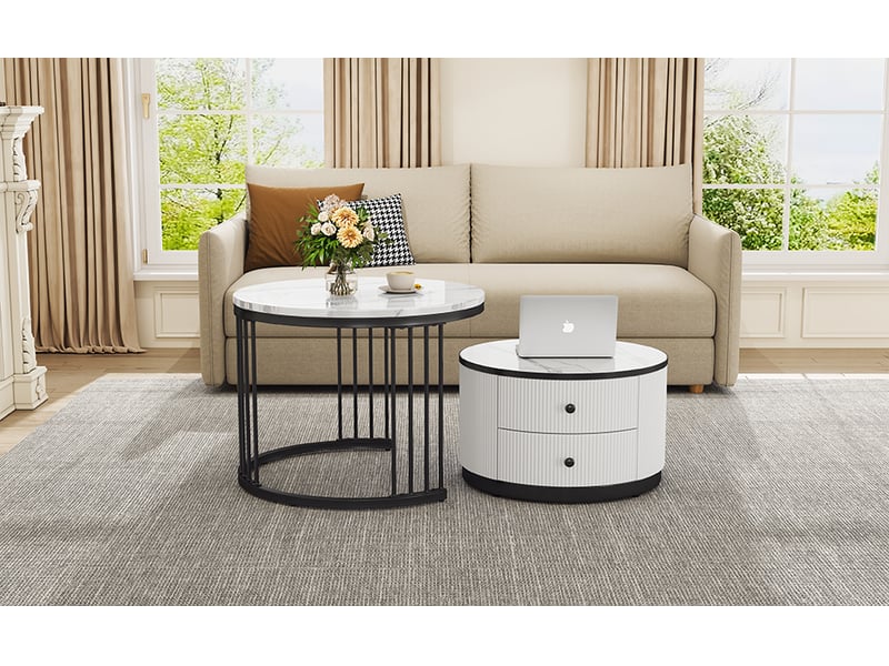 Tables basses gigognes - tables rondes gigognes avec 2 tiroirs, effet marbre, mdf, blanc et noir, 60×60×45,5 & 50×50×32 cm - Conforama C