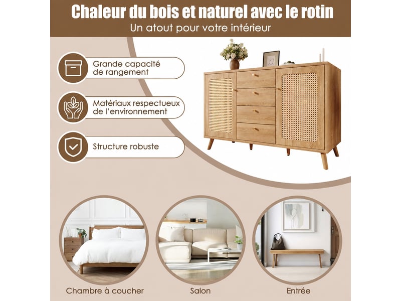  Buffet 4 tiroirs et 2 portes effet rotin, finition chêne clair, 140x40x86 cm  - Conforama E