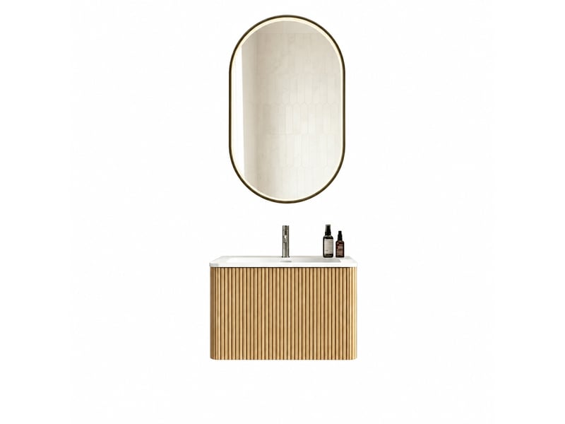  Meuble vasque suspendu 60 cm avec vasque intégrée et miroir led ovale antibuée 50 x 80 cm, chêne  - Conforama A
