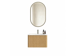 Meuble vasque suspendu 60 cm avec vasque intégrée et miroir led ovale antibuée 50 x 80 cm, chêne