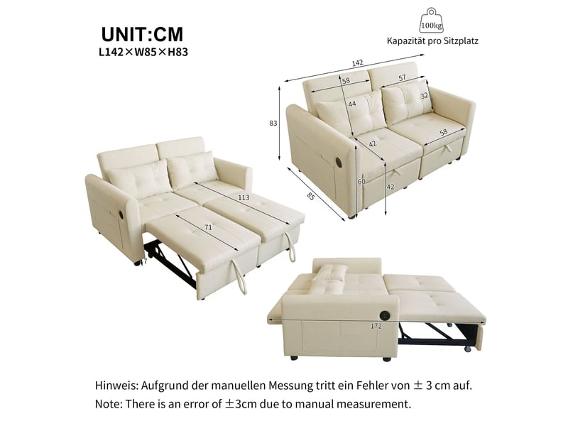  Canapé-lit 2 places convertible - canapé pliable avec poches latérales et dossier réglable - revêtement toile de coton - beige  - Conforama E