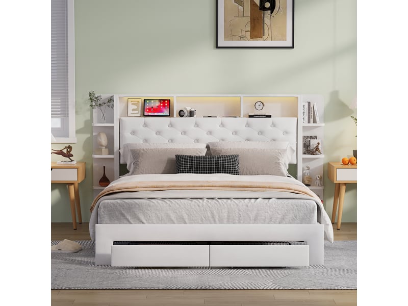 Lit 160 x 200,lit adulte led ,2 tiroirs ,usb, lit double capitonné 160 x 200 avec tête de lit de rangement ,velours blanc - Conforama D