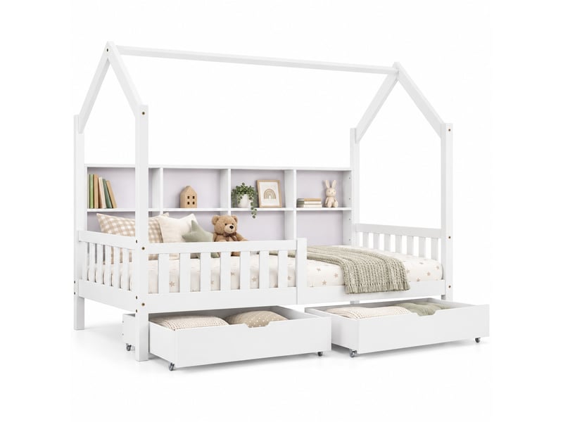  Lit cabane enfant 90x200 cm, bibliothèque, niches de rangement, 2 grands tiroirs, forme cheminée Fay Lum - Conforama A