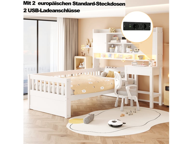  Lit enfant 90 × 200 cm avec bureau à tiroirs, rangements en tête de lit, barrières, éclairage led et prise, blanc  - Conforama E