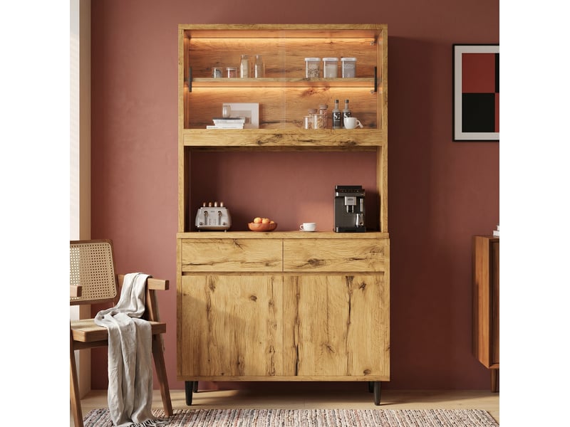 Buffet haut 4 portes, 2 tiroirs et niche ouverte avec led et prises intégrées pour salle à manger, teinte chêne clair - Conforama E