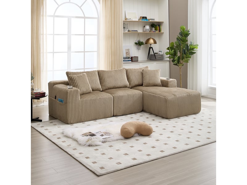  Canapé modulaire avec méridienne 3 places en velours côtelé 257 x 160 cm avec poches et coussins  - Conforama B