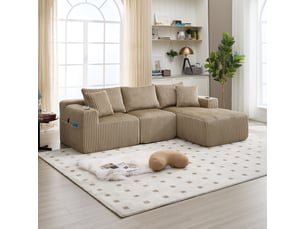 Canapé modulaire avec méridienne 3 places en velours côtelé 257 x 160 cm avec poches et coussins