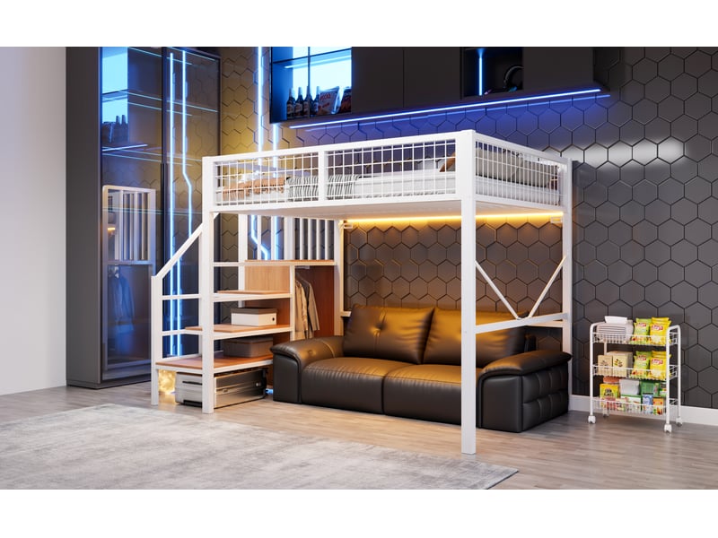  Lit mezzanine 140 × 200 cm en métal blanc, escalier avec rangements et penderie, garde-corps en grille et led  - Conforama B
